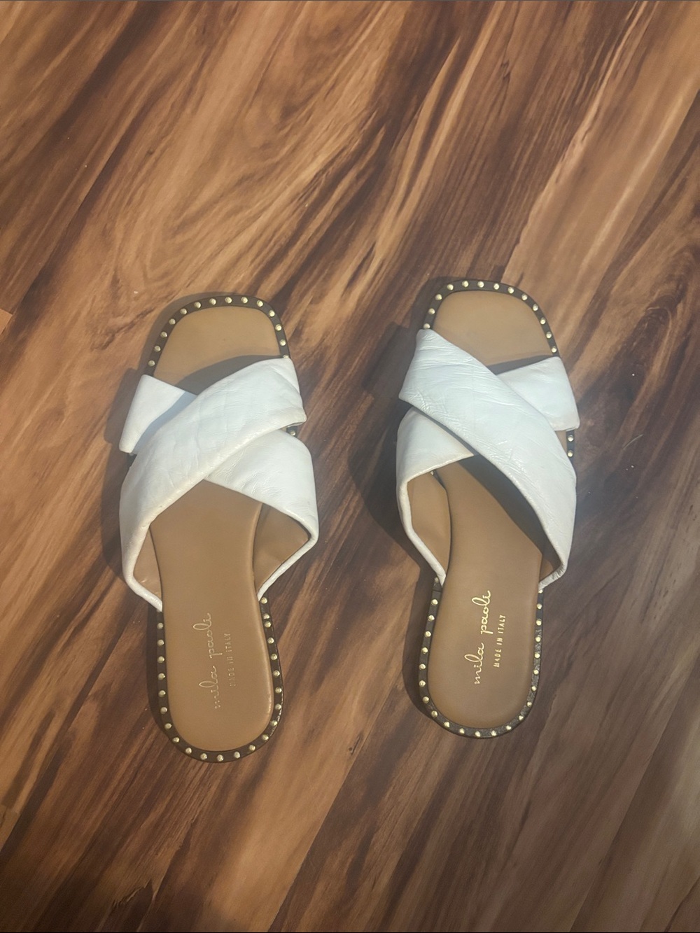 Mila Paoli White Crisscross Studded Slide Sandals